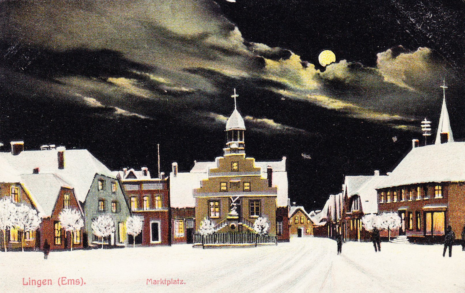 Der eingeschneite Lingener Marktplatz bei Nacht. Postkarte von 1908.