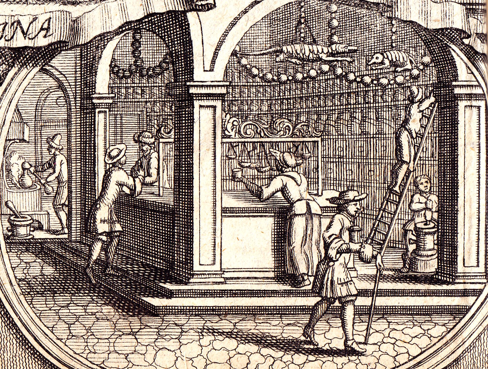 Abb. 1: Blick in eine Apotheke. Ausschnitt aus dem Titelblatt des Preußischen Medizinaledikts von 1704.