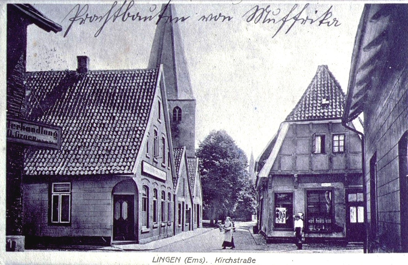 Abb. 2: „Prachtbauten von Muffrika“. Kommentierte Postkarte von der Lingener Kirchstraße.